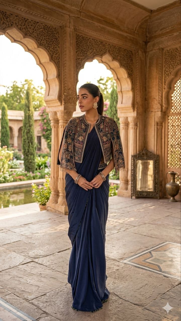 Chinnon Silk Designer Ethnic Set with Embroidered Jacket Koti & Stitched Blouse – Multi Thread Sequence Work Wedding & Party Wear Outfit