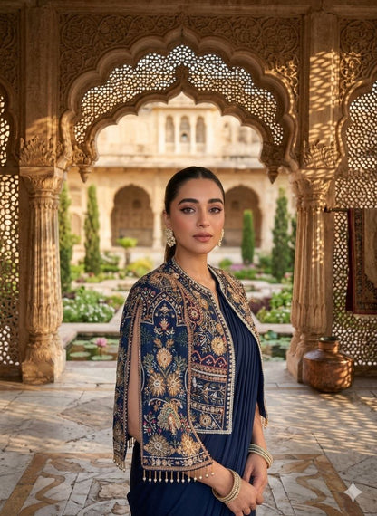 Chinnon Silk Designer Ethnic Set with Embroidered Jacket Koti & Stitched Blouse – Multi Thread Sequence Work Wedding & Party Wear Outfit