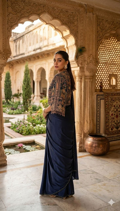 Chinnon Silk Designer Ethnic Set with Embroidered Jacket Koti & Stitched Blouse – Multi Thread Sequence Work Wedding & Party Wear Outfit
