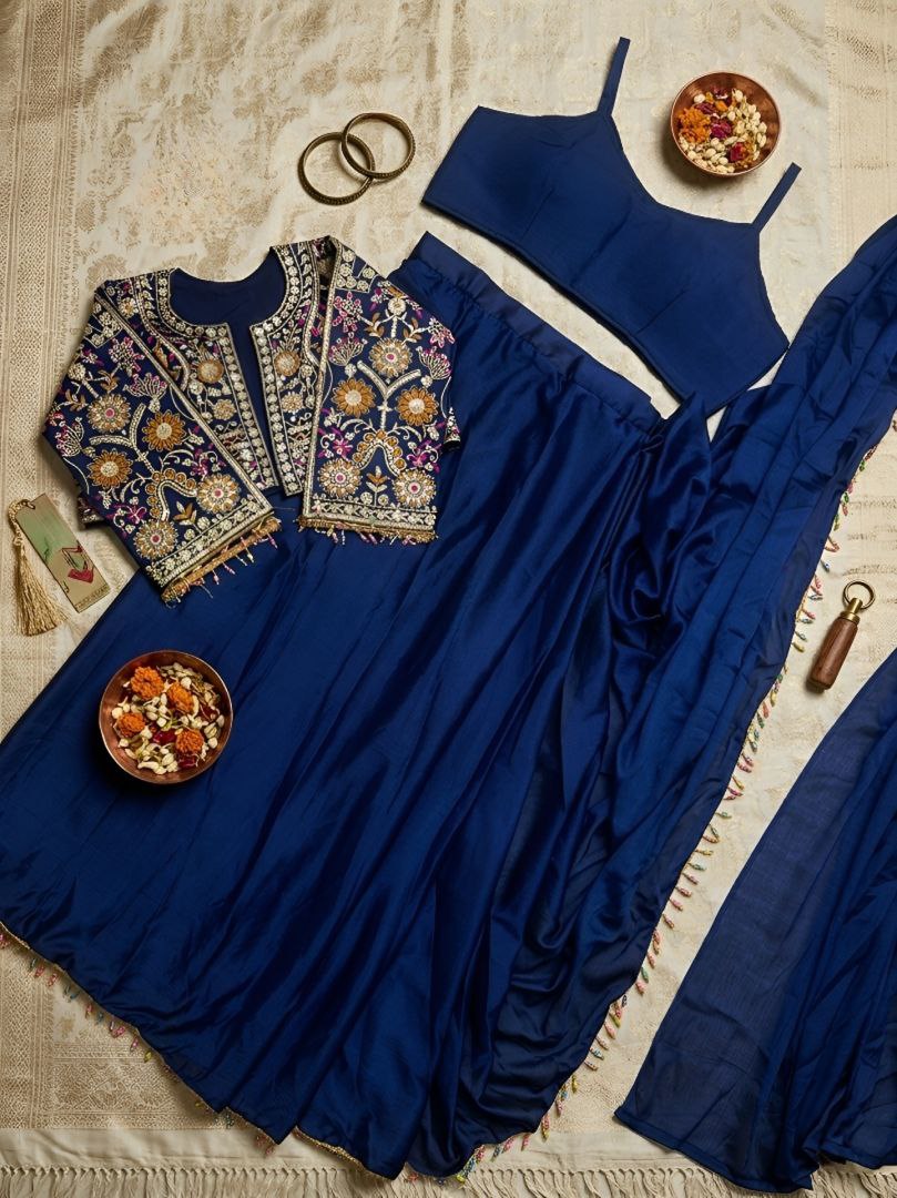 Chinnon Silk Designer Ethnic Set with Embroidered Jacket Koti & Stitched Blouse – Multi Thread Sequence Work Wedding & Party Wear Outfit