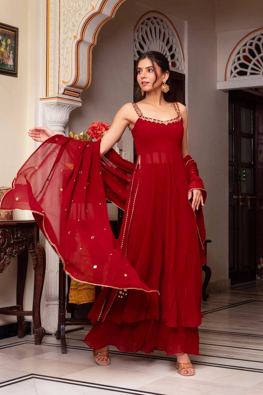 Faux Georgette Mirror Work Plazo Suit Set with Lace Border Dupatta – Handwork Designer Wedding & Party Wear Ethnic Outfit