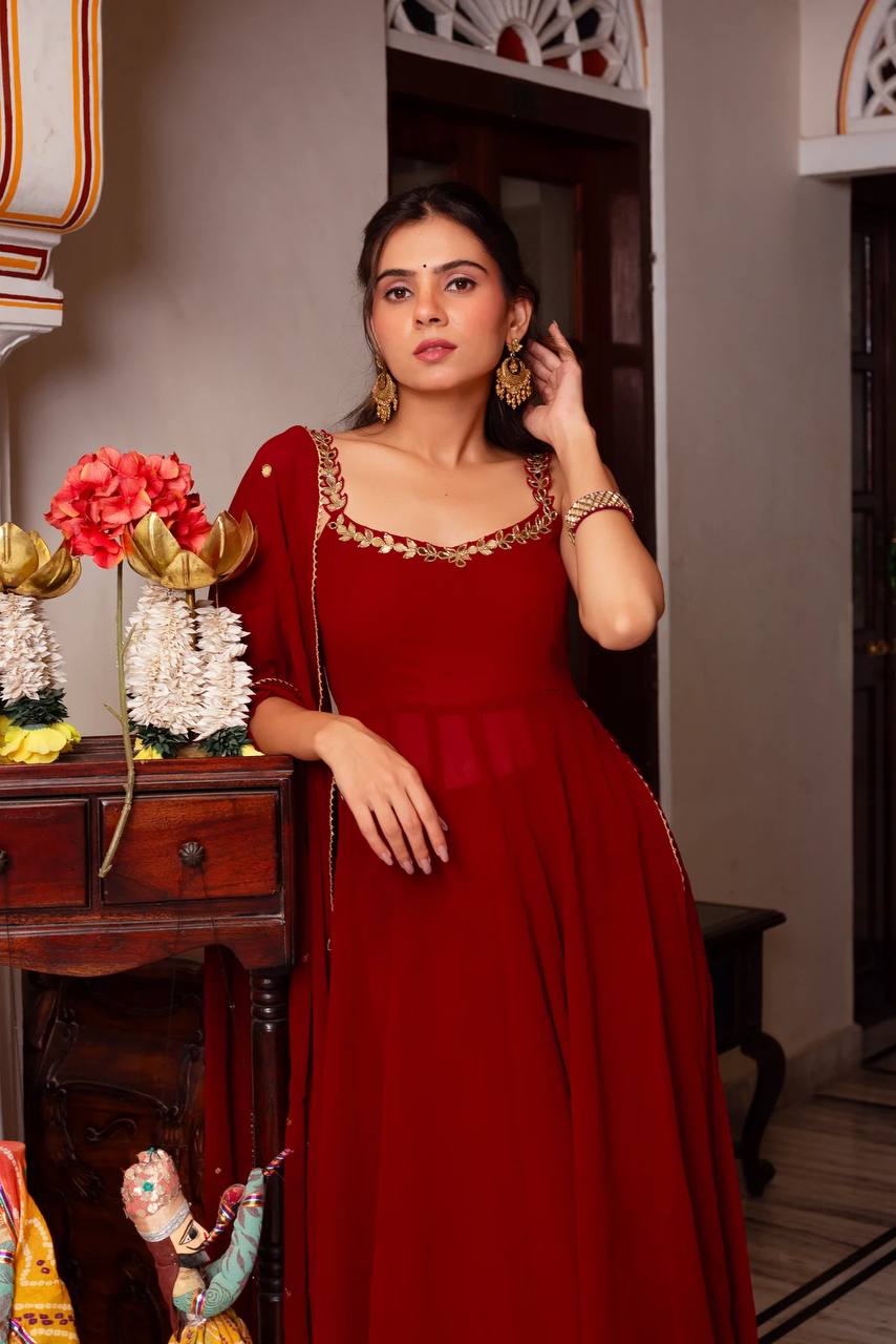 Faux Georgette Mirror Work Plazo Suit Set with Lace Border Dupatta – Handwork Designer Wedding & Party Wear Ethnic Outfit