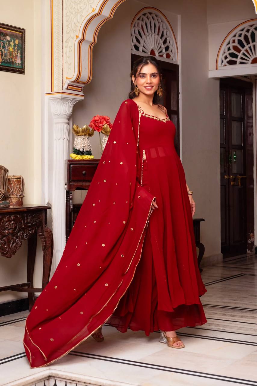 Faux Georgette Mirror Work Plazo Suit Set with Lace Border Dupatta – Handwork Designer Wedding & Party Wear Ethnic Outfit