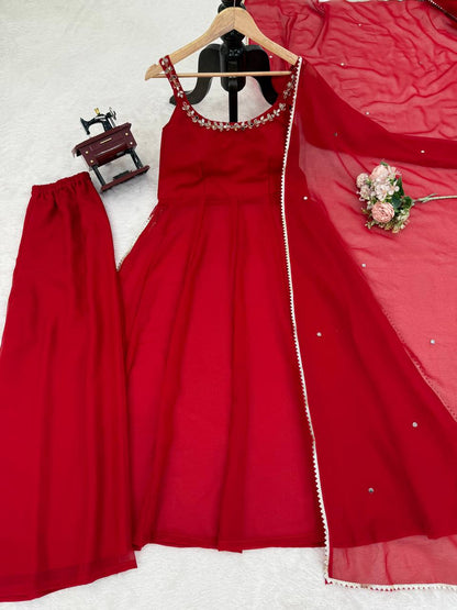 Faux Georgette Mirror Work Plazo Suit Set with Lace Border Dupatta – Handwork Designer Wedding & Party Wear Ethnic Outfit