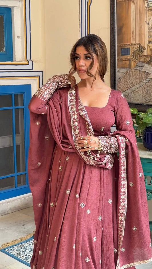 Mul Chanderi Silk Embroidered Gown Set with Pant & Dupatta – Thread Sequence Work Designer Wedding & Festive Wear Outfit