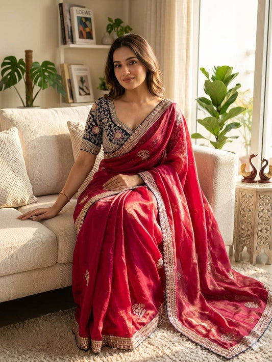 Premium Frendy Satin Saree with Sequence & Zari Embroidery Work