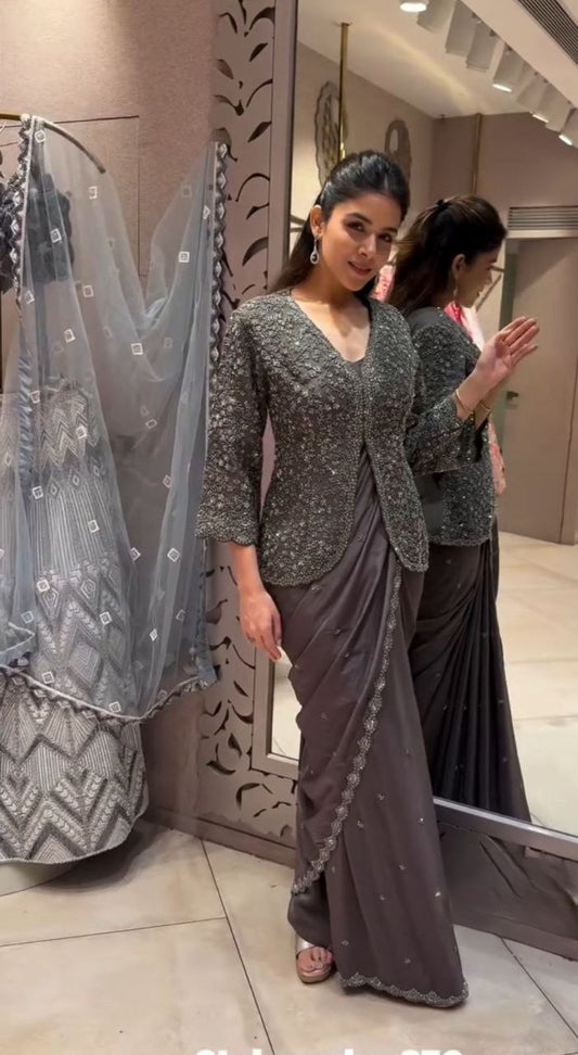 Heavy Crepe Satin Embroidered Saree with Designer Koti Set
