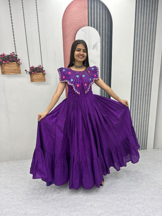 Premium Roman Fabric Anarkali Gown with Heavy Thread & Khatli Embroidery Work