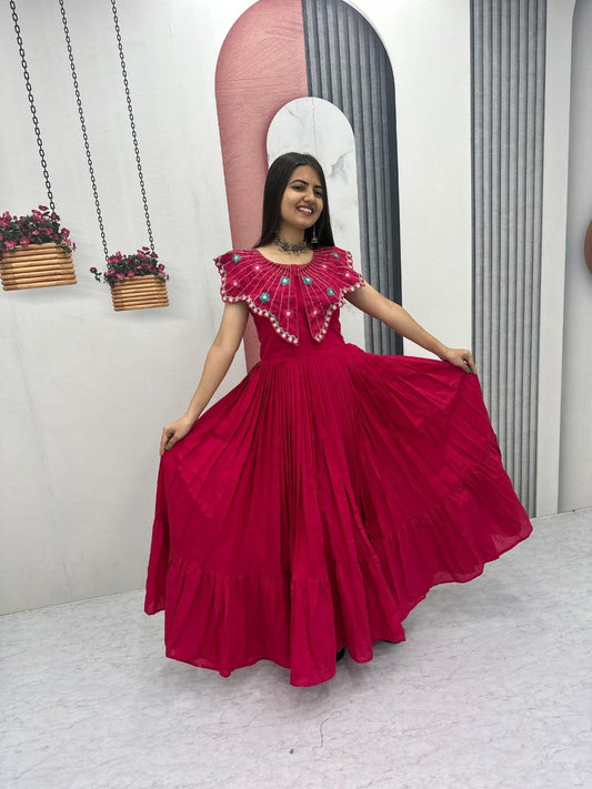 Premium Roman Fabric Anarkali Gown with Heavy Thread & Khatli Embroidery Work