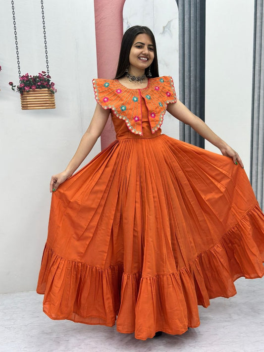 Premium Roman Fabric Anarkali Gown with Heavy Thread & Khatli Embroidery Work