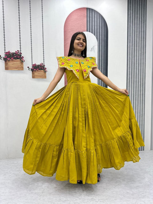 Premium Roman Fabric Anarkali Gown with Heavy Thread & Khatli Embroidery Work