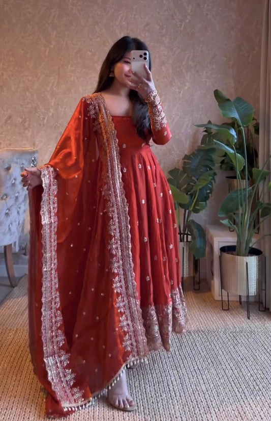 Elegant Heavy Fandy Silk Embroidered Sequins Gown Set with Dupatta & Pant – Party Wear Designer Outfit