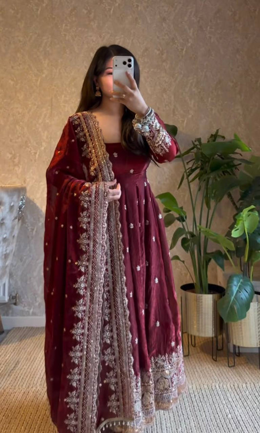 Elegant Heavy Fandy Silk Embroidered Sequins Gown Set with Dupatta & Pant – Party Wear Designer Outfit