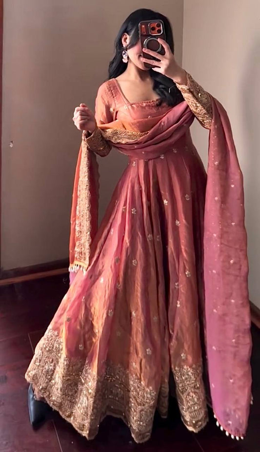 Elegant Heavy Fandy Silk Embroidered Sequins Gown Set with Dupatta & Pant – Party Wear Designer Outfit