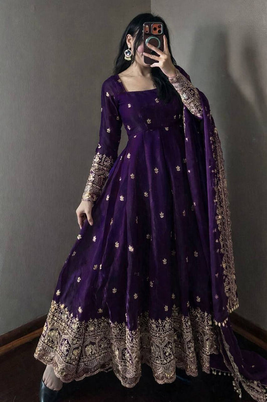 Elegant Heavy Fandy Silk Embroidered Sequins Gown Set with Dupatta & Pant – Party Wear Designer Outfit