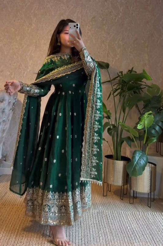 Elegant Heavy Fandy Silk Embroidered Sequins Gown Set with Dupatta & Pant – Party Wear Designer Outfit