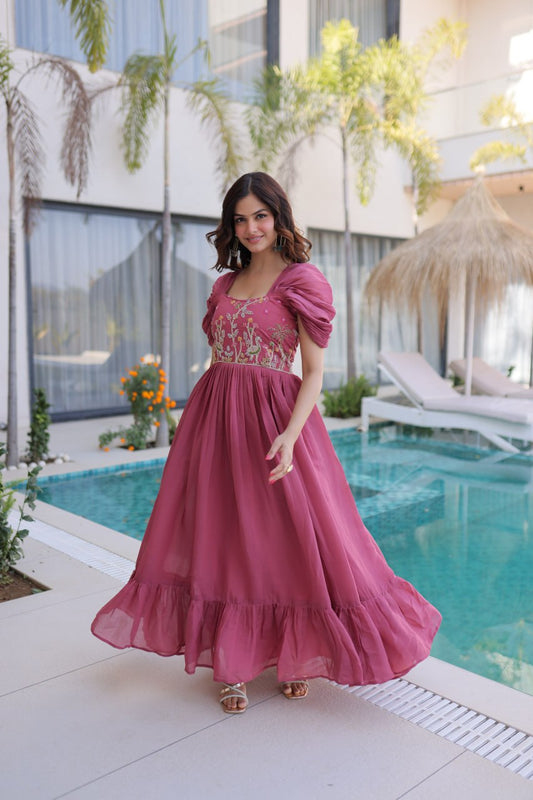 Elegant Mal Chanderi Anarkali Gown with Beads Embroidery & 7 Meter Flair