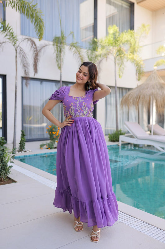 Elegant Mal Chanderi Anarkali Gown with Beads Embroidery & 7 Meter Flair