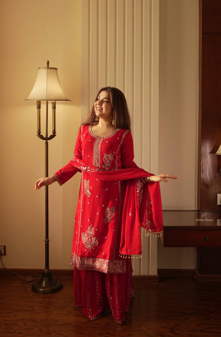 Elegant Fox Georgette Kurti Gharara Set with Sequence Embroidery Work
