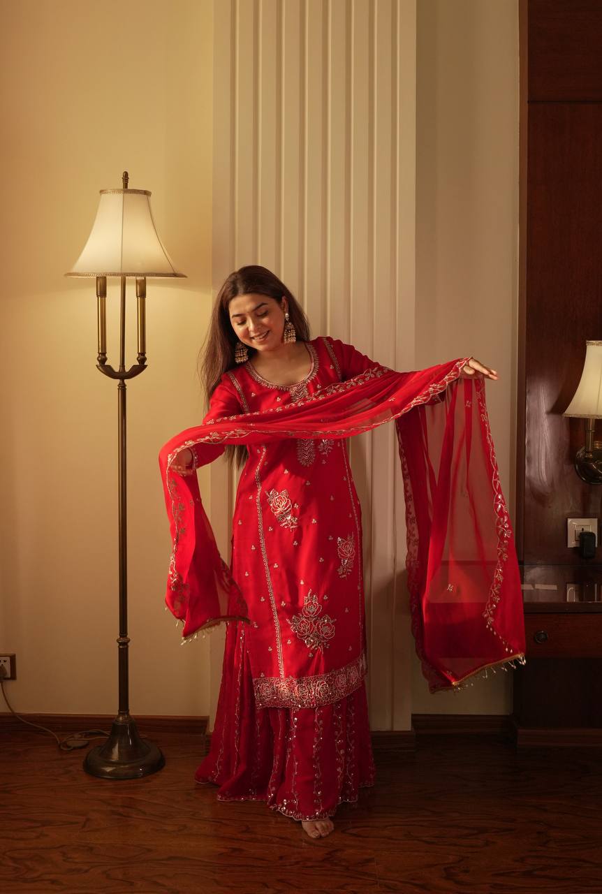 Elegant Fox Georgette Kurti Gharara Set with Sequence Embroidery Work