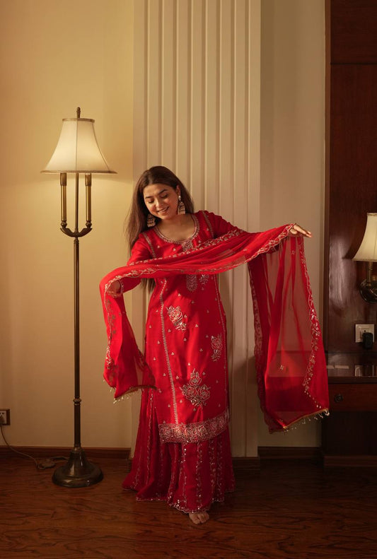 Elegant Fox Georgette Kurti Gharara Set with Sequence Embroidery Work