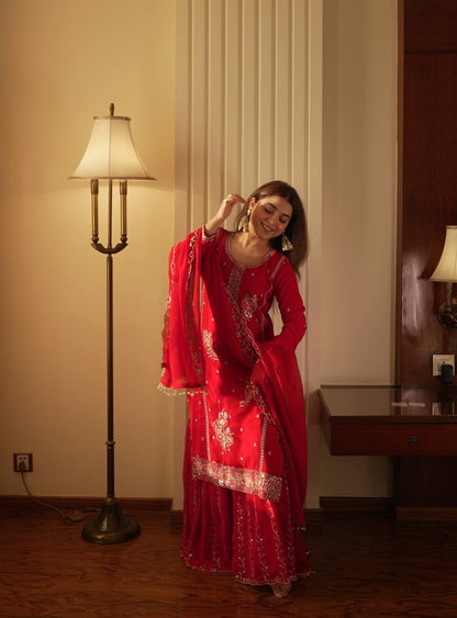 Elegant Fox Georgette Kurti Gharara Set with Sequence Embroidery Work
