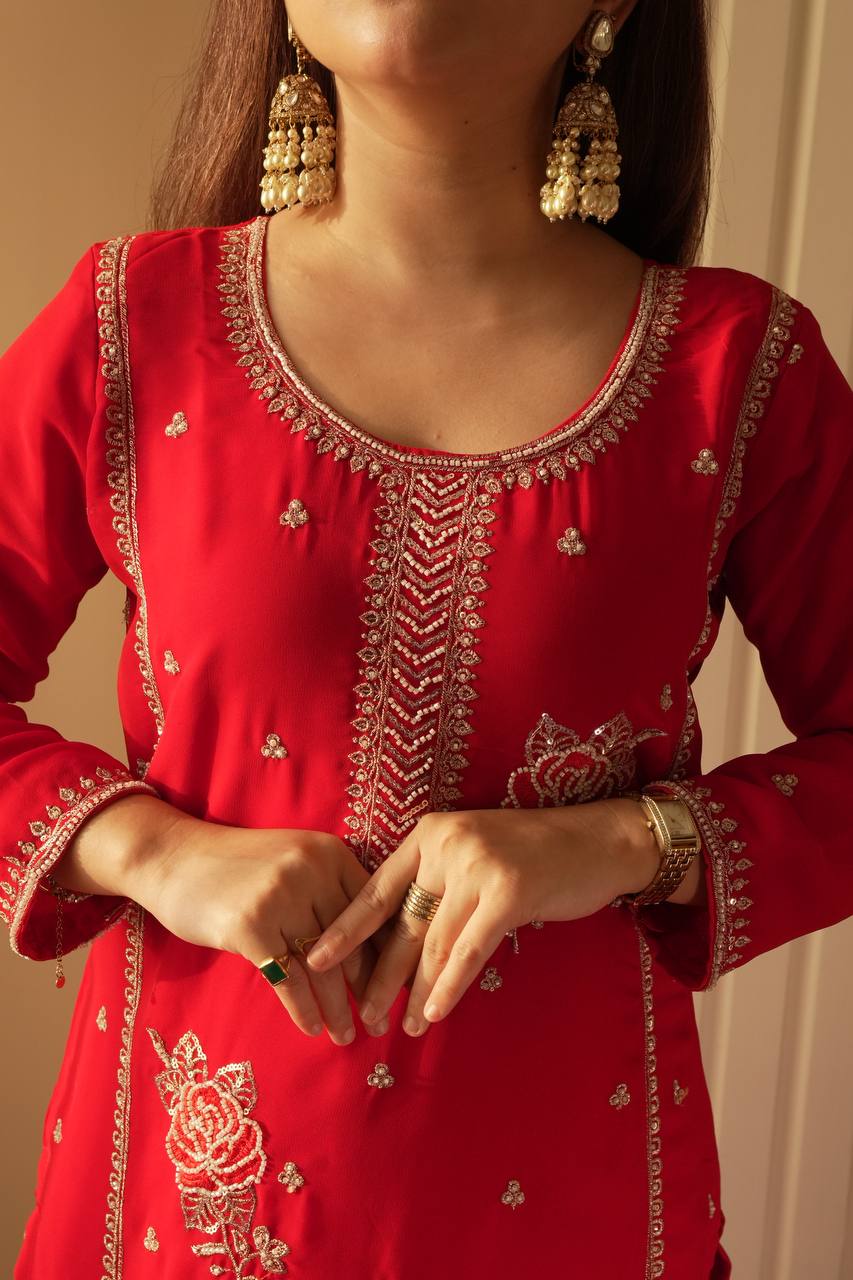 Elegant Fox Georgette Kurti Gharara Set with Sequence Embroidery Work