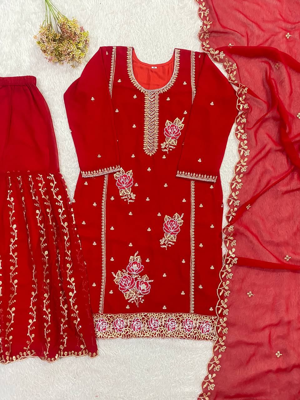 Elegant Fox Georgette Kurti Gharara Set with Sequence Embroidery Work