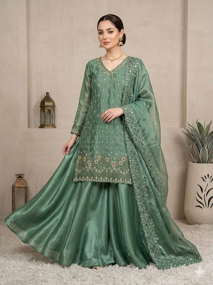 Designer Fendy Kurti Plazzo Dupatta Set with Sequence Embroidery