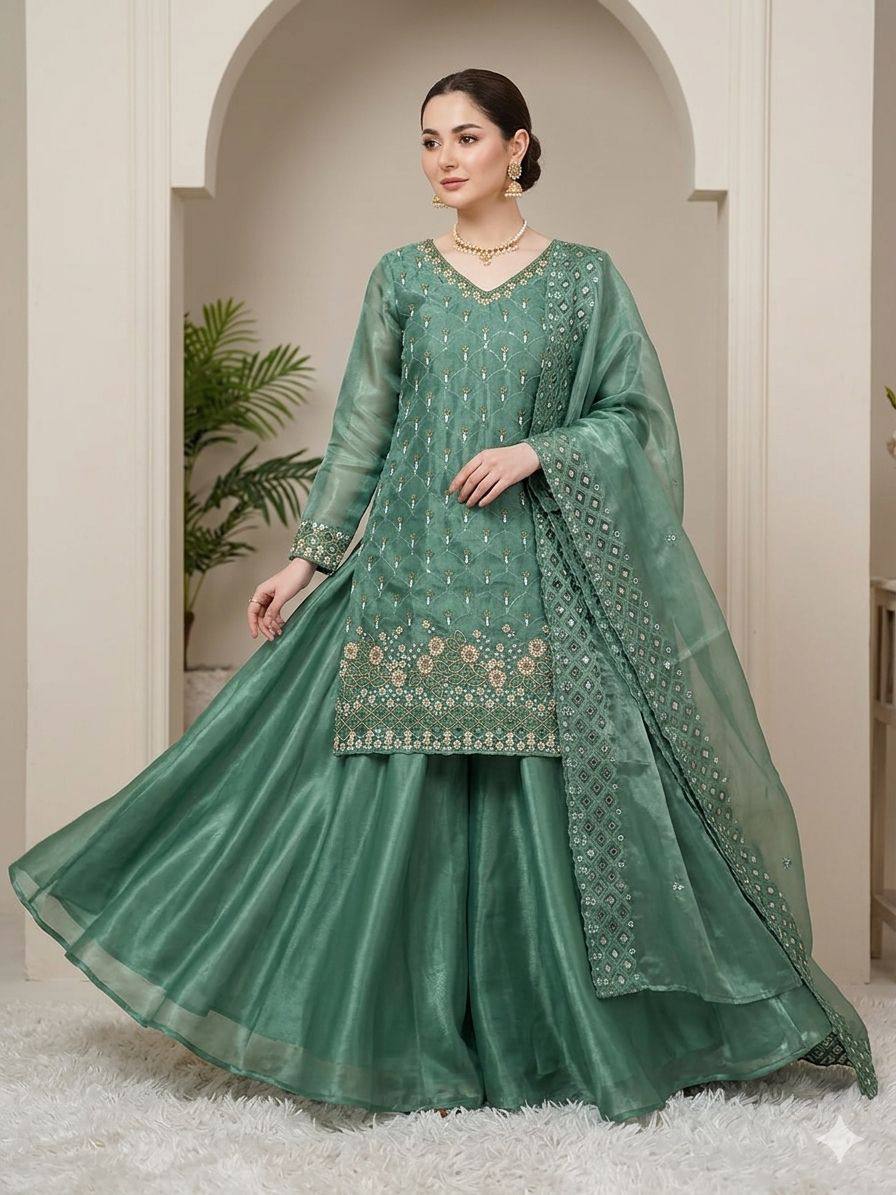 Designer Fendy Kurti Plazzo Dupatta Set with Sequence Embroidery