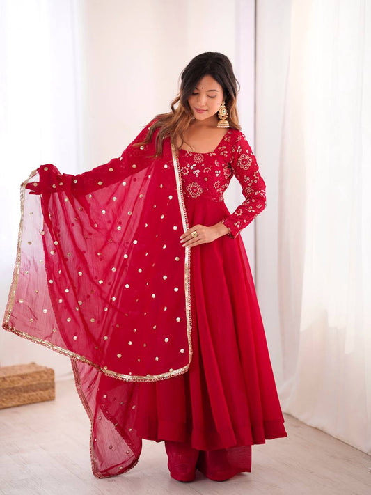 Elegant Designer Crunchy Silk Embroidered Anarkali Gown Set with Dupatta