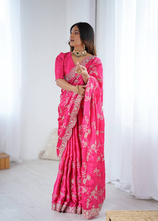 Elegant Pink Japan Satin Silk Saree with Sequins Embroidery Work