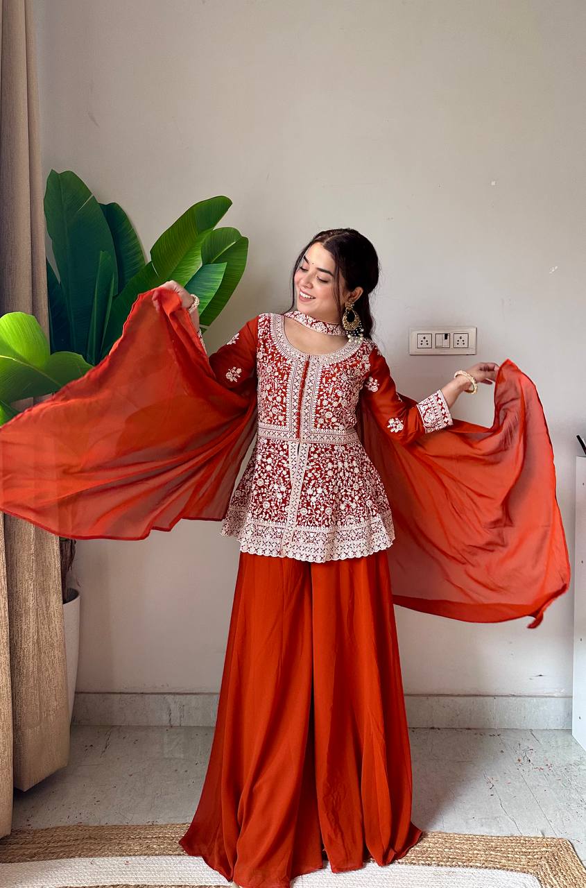 Embroidered Georgette Peplum Top with Palazzo & Dupatta Set | Festive Party Wear Kurti Set for Women