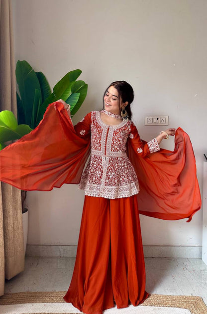 Embroidered Georgette Peplum Top with Palazzo & Dupatta Set | Festive Party Wear Kurti Set for Women