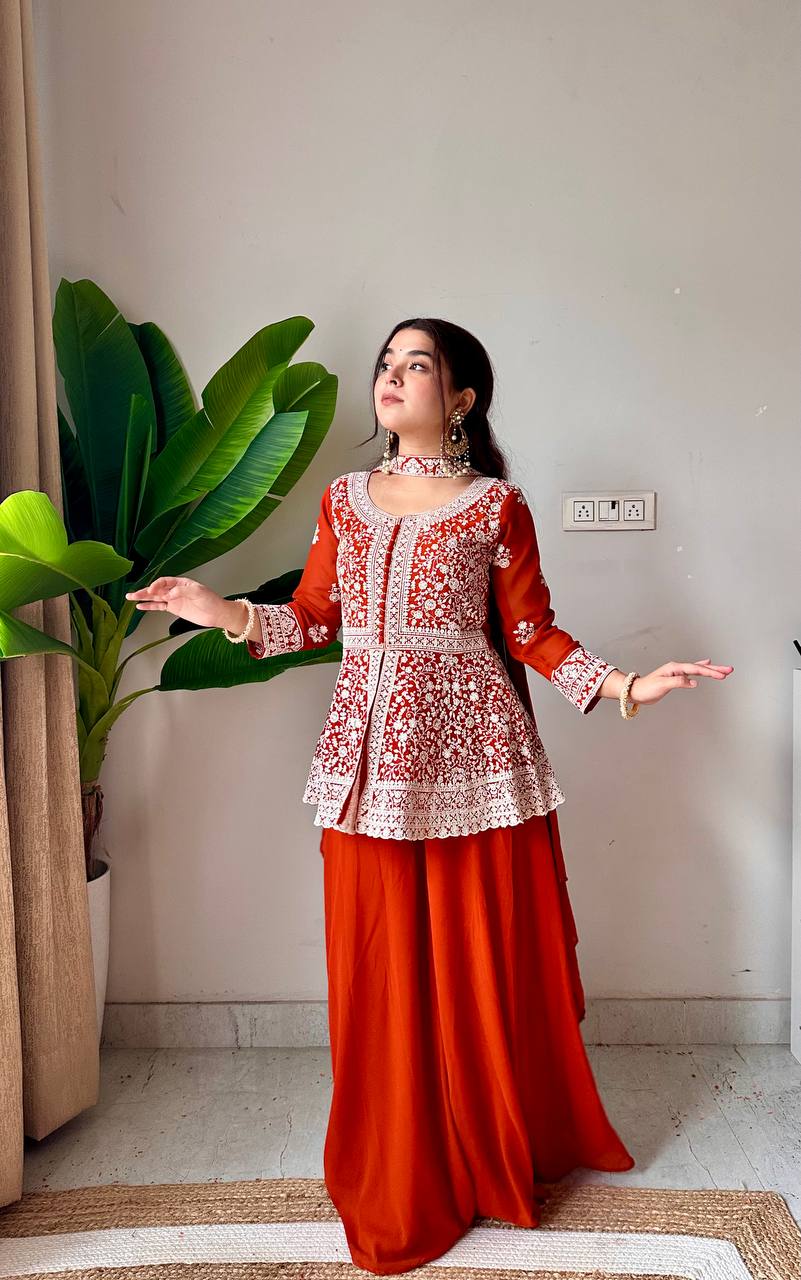 Embroidered Georgette Peplum Top with Palazzo & Dupatta Set | Festive Party Wear Kurti Set for Women