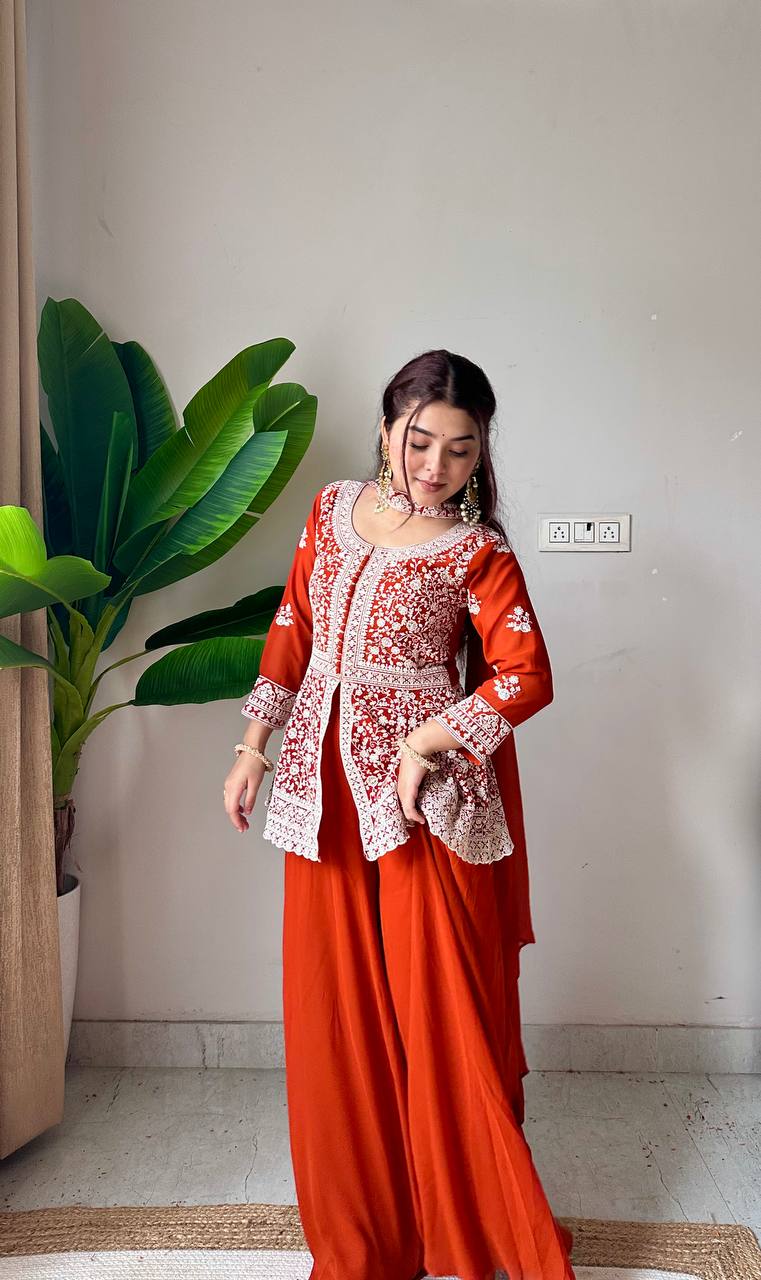 Embroidered Georgette Peplum Top with Palazzo & Dupatta Set | Festive Party Wear Kurti Set for Women