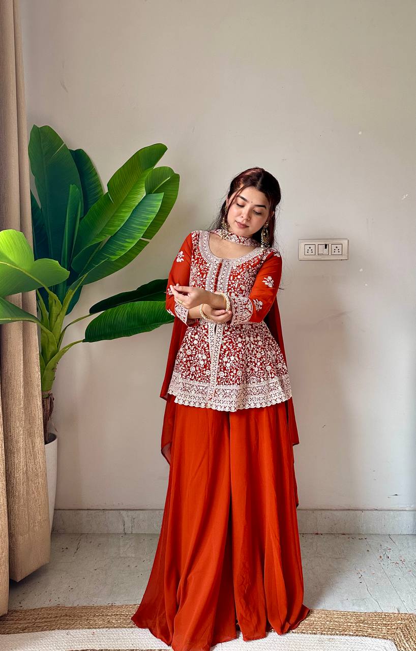 Embroidered Georgette Peplum Top with Palazzo & Dupatta Set | Festive Party Wear Kurti Set for Women