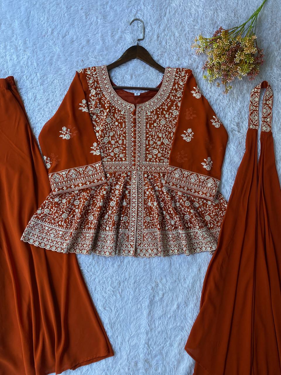 Embroidered Georgette Peplum Top with Palazzo & Dupatta Set | Festive Party Wear Kurti Set for Women