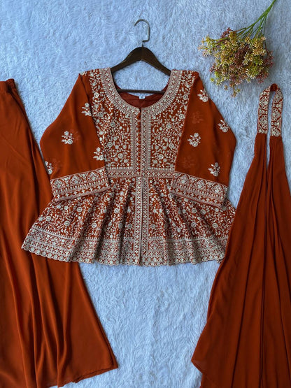 Embroidered Georgette Peplum Top with Palazzo & Dupatta Set | Festive Party Wear Kurti Set for Women