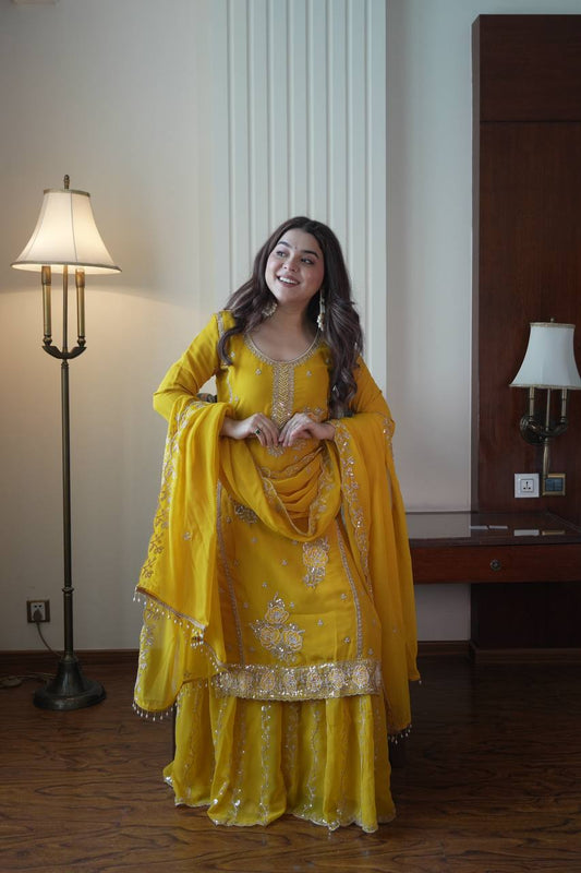 Elegant Fox Georgette Kurti Gharara Set with Sequence Embroidery Work