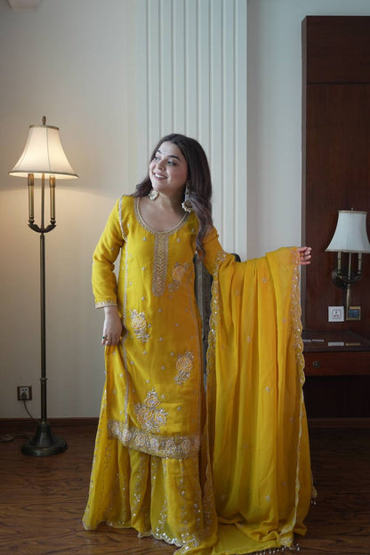 Elegant Fox Georgette Kurti Gharara Set with Sequence Embroidery Work