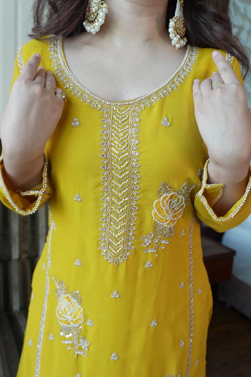Elegant Fox Georgette Kurti Gharara Set with Sequence Embroidery Work