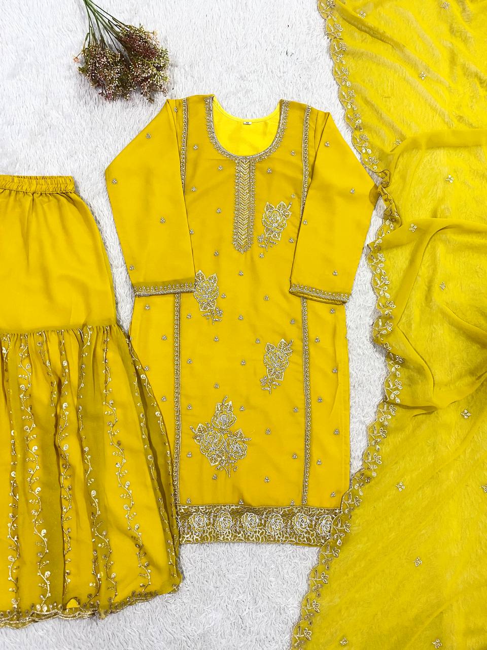Elegant Fox Georgette Kurti Gharara Set with Sequence Embroidery Work