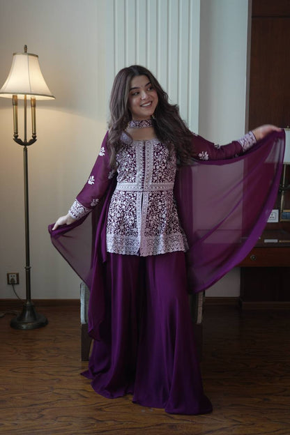 Embroidered Georgette Peplum Top with Palazzo & Dupatta Set | Festive Party Wear Kurti Set for Women