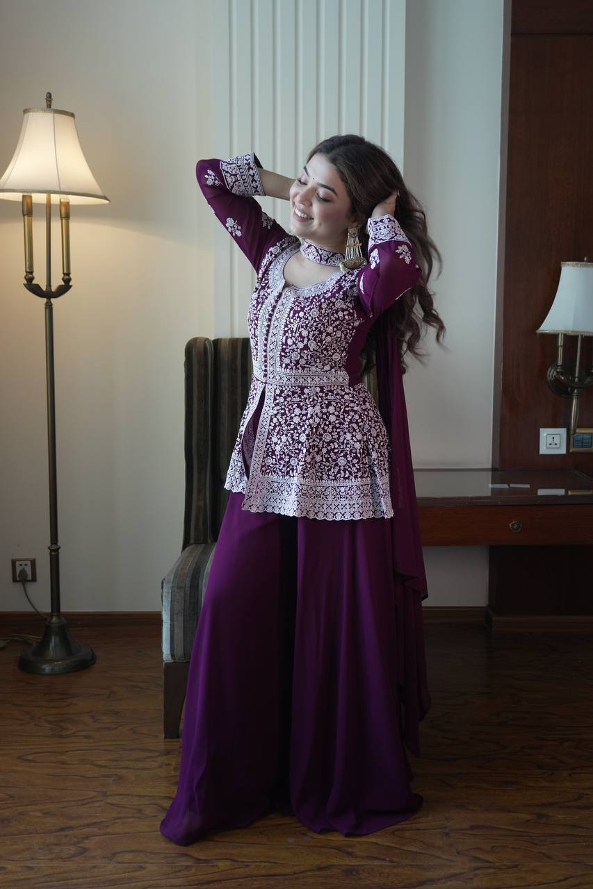 Embroidered Georgette Peplum Top with Palazzo & Dupatta Set | Festive Party Wear Kurti Set for Women