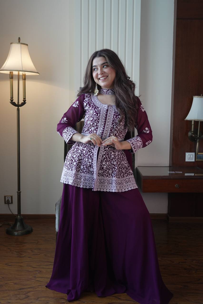Embroidered Georgette Peplum Top with Palazzo & Dupatta Set | Festive Party Wear Kurti Set for Women
