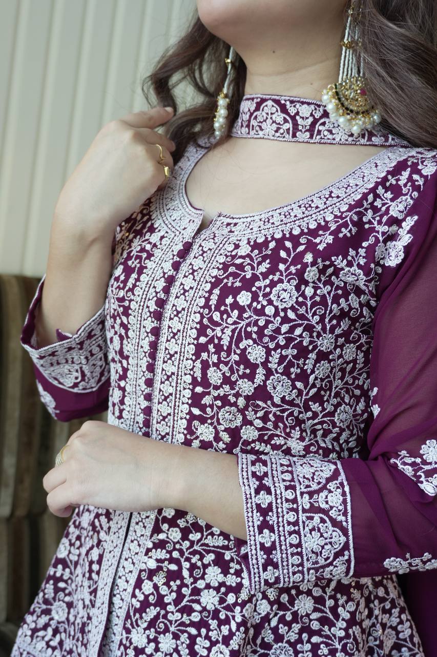 Embroidered Georgette Peplum Top with Palazzo & Dupatta Set | Festive Party Wear Kurti Set for Women