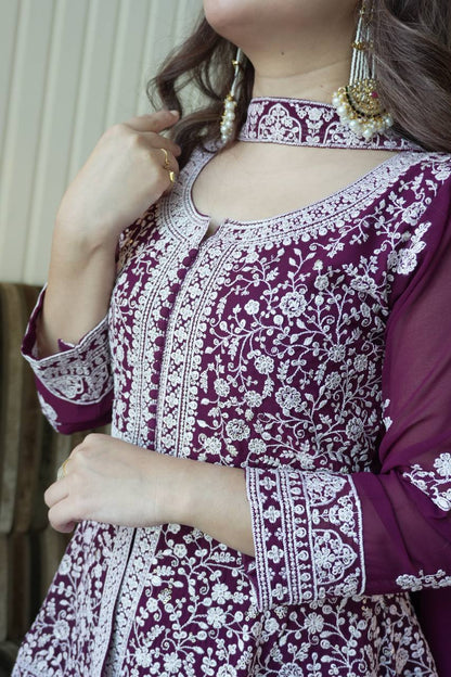 Embroidered Georgette Peplum Top with Palazzo & Dupatta Set | Festive Party Wear Kurti Set for Women
