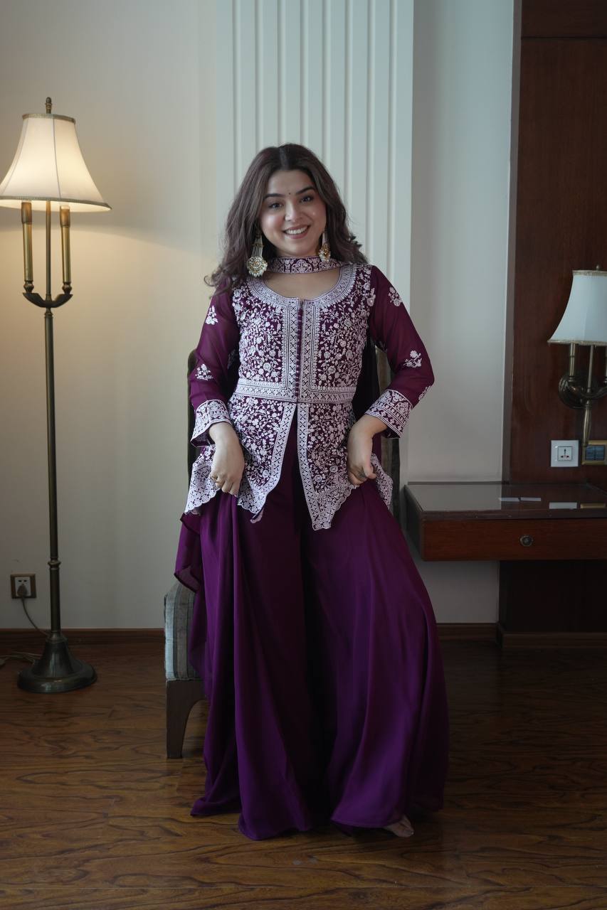Embroidered Georgette Peplum Top with Palazzo & Dupatta Set | Festive Party Wear Kurti Set for Women