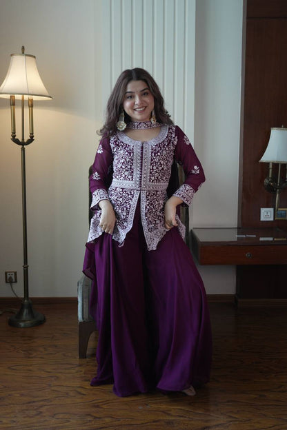 Embroidered Georgette Peplum Top with Palazzo & Dupatta Set | Festive Party Wear Kurti Set for Women